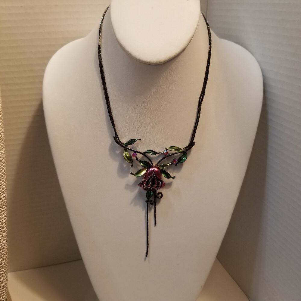 Pink enamel rose w/ pink rhinestones green enamel leaves black stem and chain 14